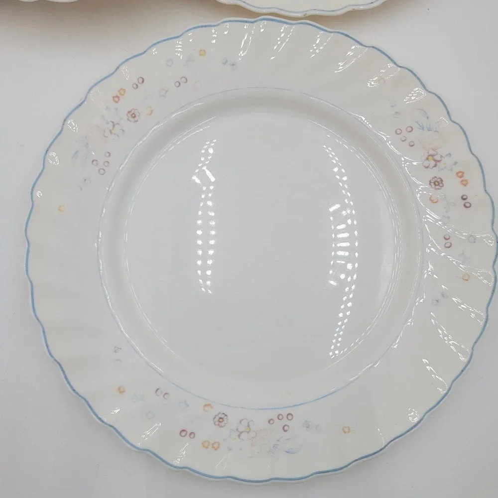 8 Arcopal Victoria Floral Dinner Plates Scalloped Swirl Rim Blue Border 10.5